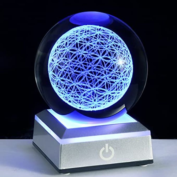 Qianwei Flower of Life Crystal Sphere with Led Colorful Lighting Touch Base, Sacred Geometry Crystal Ball Starlight Magic, Feng Shui Decor Laser Engraved Seek of Flower Inside A Sphere - Image 1