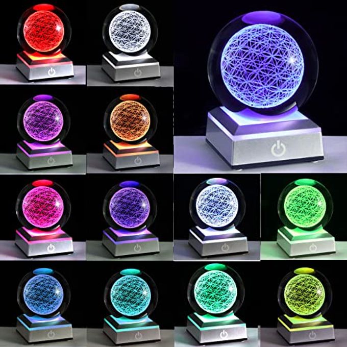 Qianwei Flower of Life Crystal Sphere with Led Colorful Lighting Touch Base, Sacred Geometry Crystal Ball Starlight Magic, Feng Shui Decor Laser Engraved Seek of Flower Inside A Sphere - Image 5