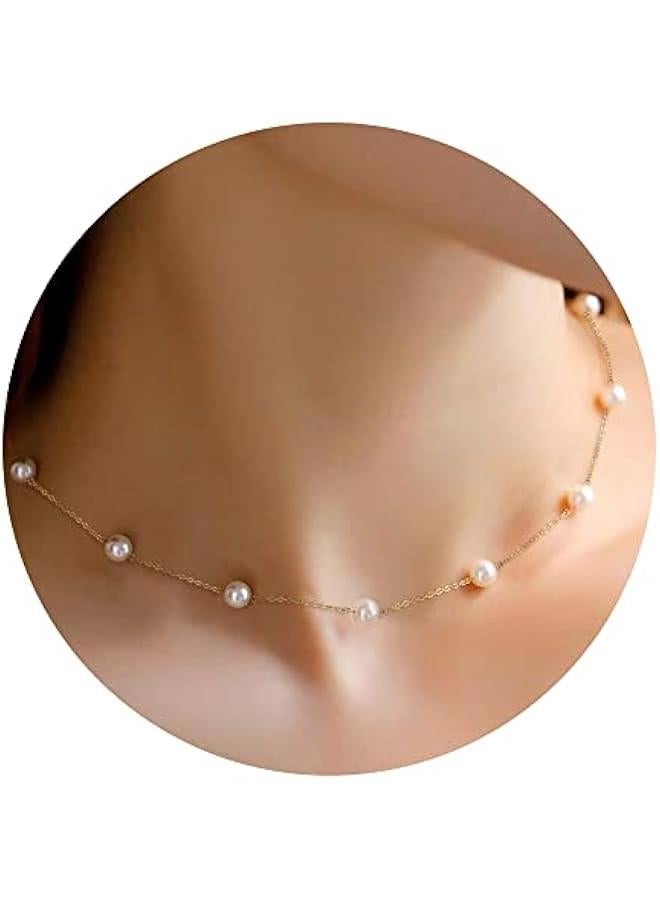Arabest Gold Pearl Necklace, 6 MM Pearl Choker Necklace 15'' Pearl Necklaces for Women Dainty Choker Pearl Strands Jewelry Wedding Bride Bridesmaid Gifts Wedding Birthday Summer Beach Accessories - Image 1