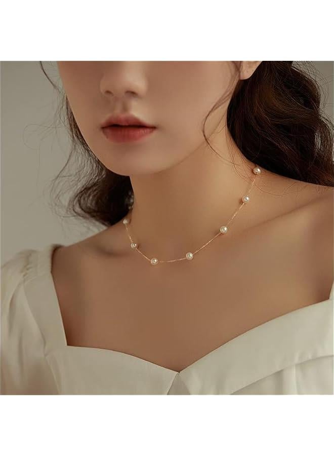 Arabest Gold Pearl Necklace, 6 MM Pearl Choker Necklace 15'' Pearl Necklaces for Women Dainty Choker Pearl Strands Jewelry Wedding Bride Bridesmaid Gifts Wedding Birthday Summer Beach Accessories - Image 3