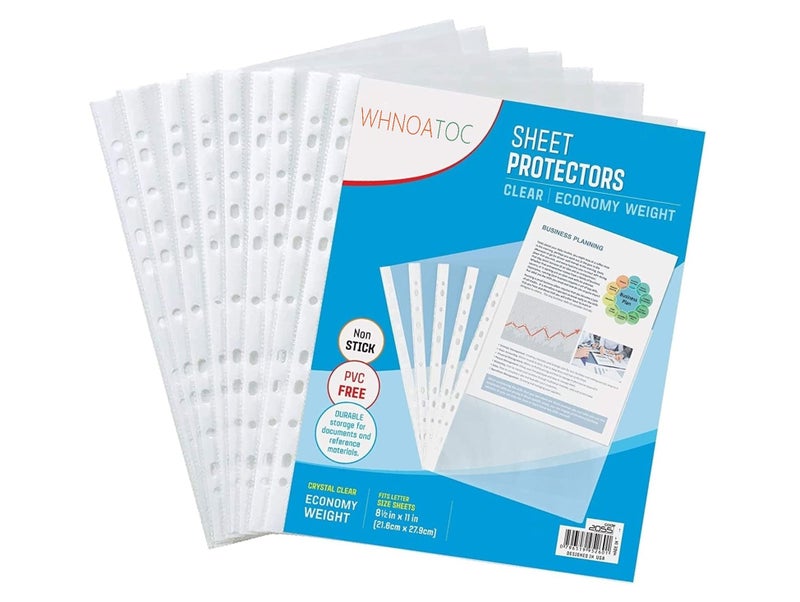 WHNOATOC 300 Micron Sheet Protectors, Plastic Clear Folder Leafs Document Sleeves, Heavyweight Non-Glare, Reinforced 11-Hole, Acid-Free, Archival Safe for Documents and Photos (A-4 Size) (Pack of 75) - Image 1