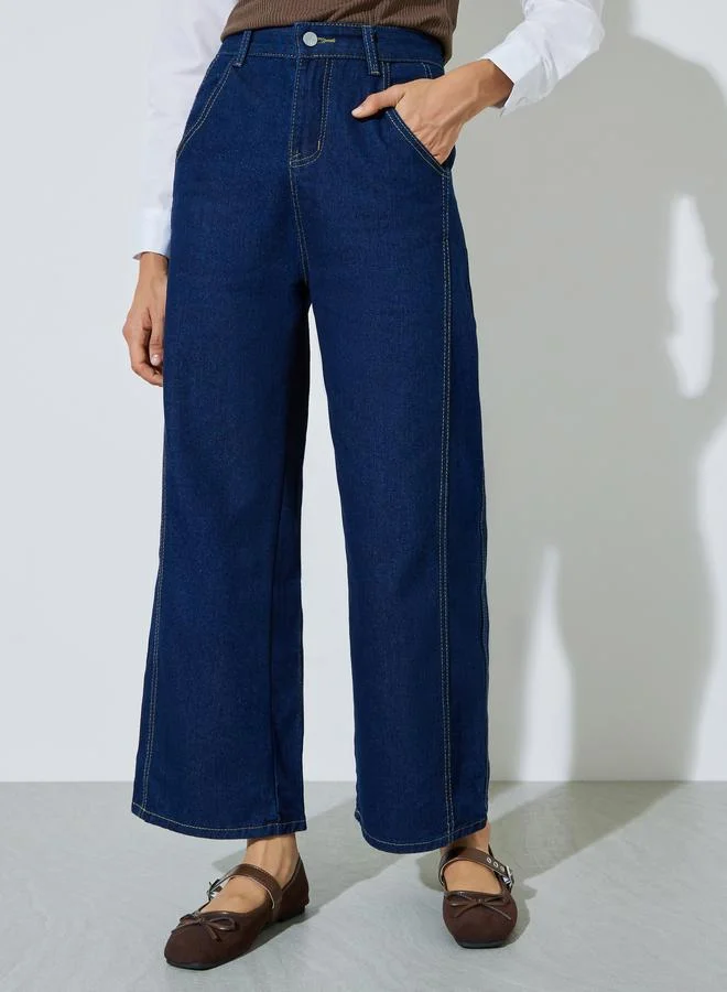 Styli Dark Blue Mid Rise Wide Leg Jeans