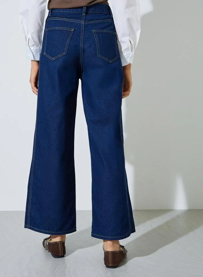 Styli Dark Blue Dark Blue Mid Rise Wide Leg Jeans for Women | Best Price UAE