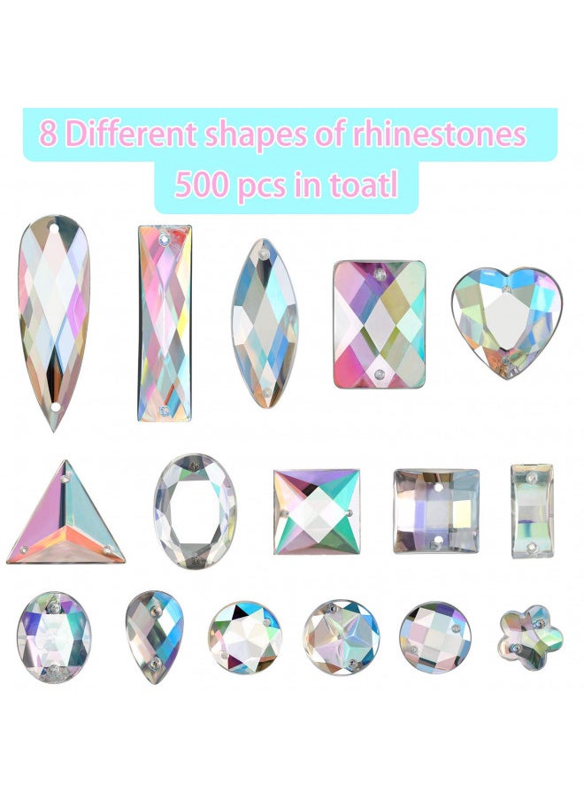 Chuangdi 500 Pieces Sewing Gems Acrylic Sewing Crystal Mixed Shapes Sew On Rhinestones with 2 Holes for Clothes Sewing Beads Decorations (Crystal AB)