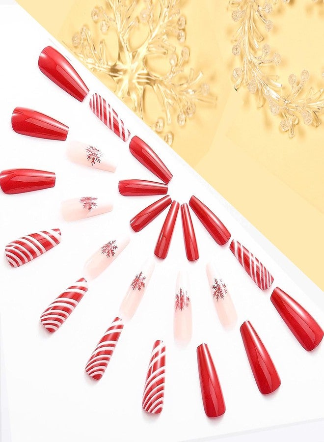 Vezocim أظافر صناعية مضغوطة لعيد الميلاد على شكل تابوت بطول طويل، 24 قطعة أظافر حمراء مزيفة شتوية بتصاميم أشرطة ثلج لامعة تغطي بالكامل أظافر مربعة مزيفة لاصقة للأصابع للنساء (JP1297) - Image 2