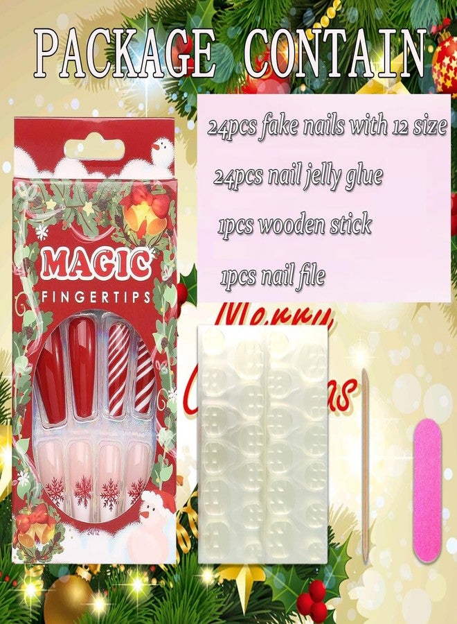 Vezocim أظافر صناعية مضغوطة لعيد الميلاد على شكل تابوت بطول طويل، 24 قطعة أظافر حمراء مزيفة شتوية بتصاميم أشرطة ثلج لامعة تغطي بالكامل أظافر مربعة مزيفة لاصقة للأصابع للنساء (JP1297) - Image 4