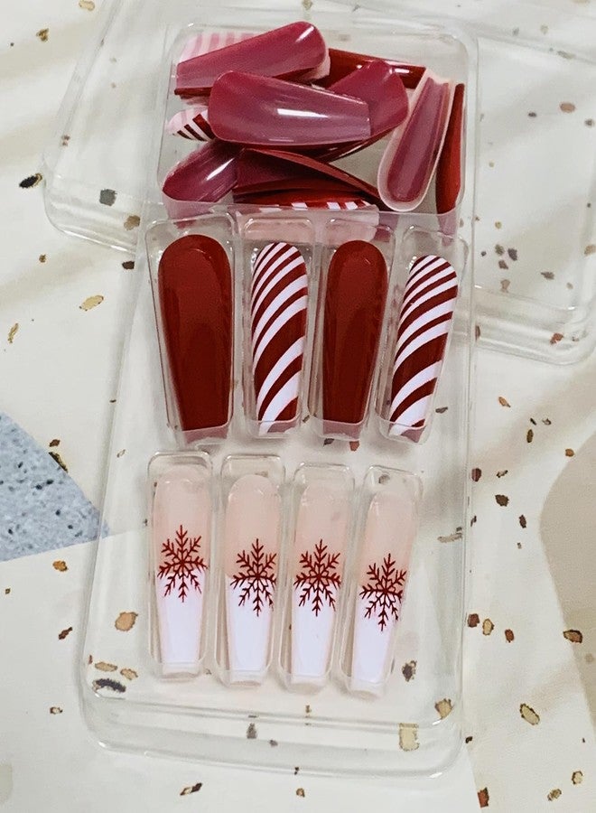 Vezocim أظافر صناعية مضغوطة لعيد الميلاد على شكل تابوت بطول طويل، 24 قطعة أظافر حمراء مزيفة شتوية بتصاميم أشرطة ثلج لامعة تغطي بالكامل أظافر مربعة مزيفة لاصقة للأصابع للنساء (JP1297) - Image 5