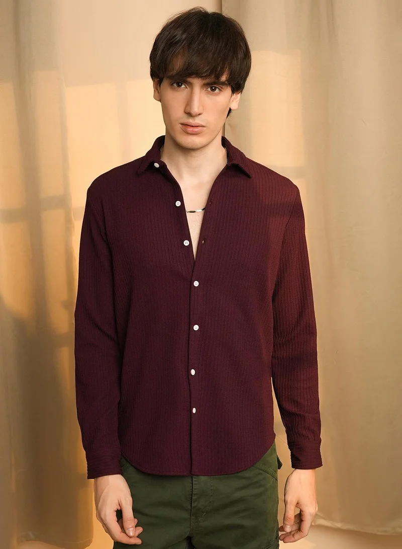 Campus Sutra Men's Maroon Red Stripe-Creased Shirt