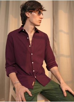 Campus Sutra Men's Maroon Red Stripe-Creased Shirt  - Image 1