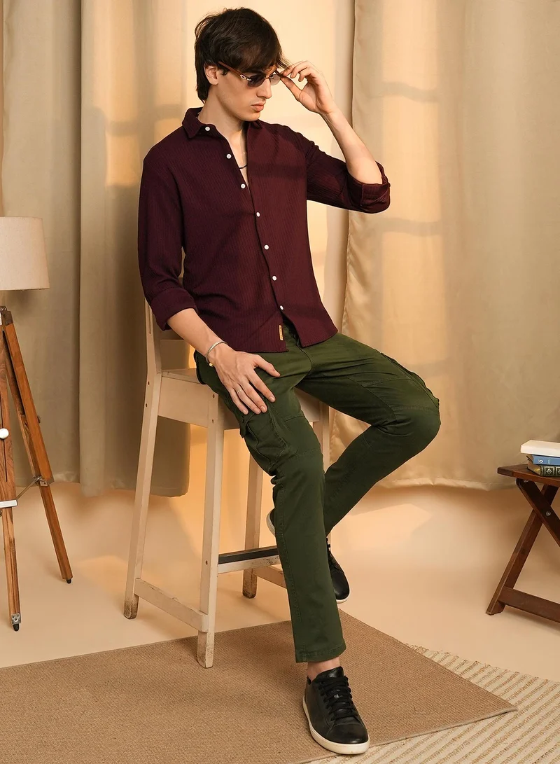 Campus Sutra Men's Maroon Red Stripe-Creased Shirt
