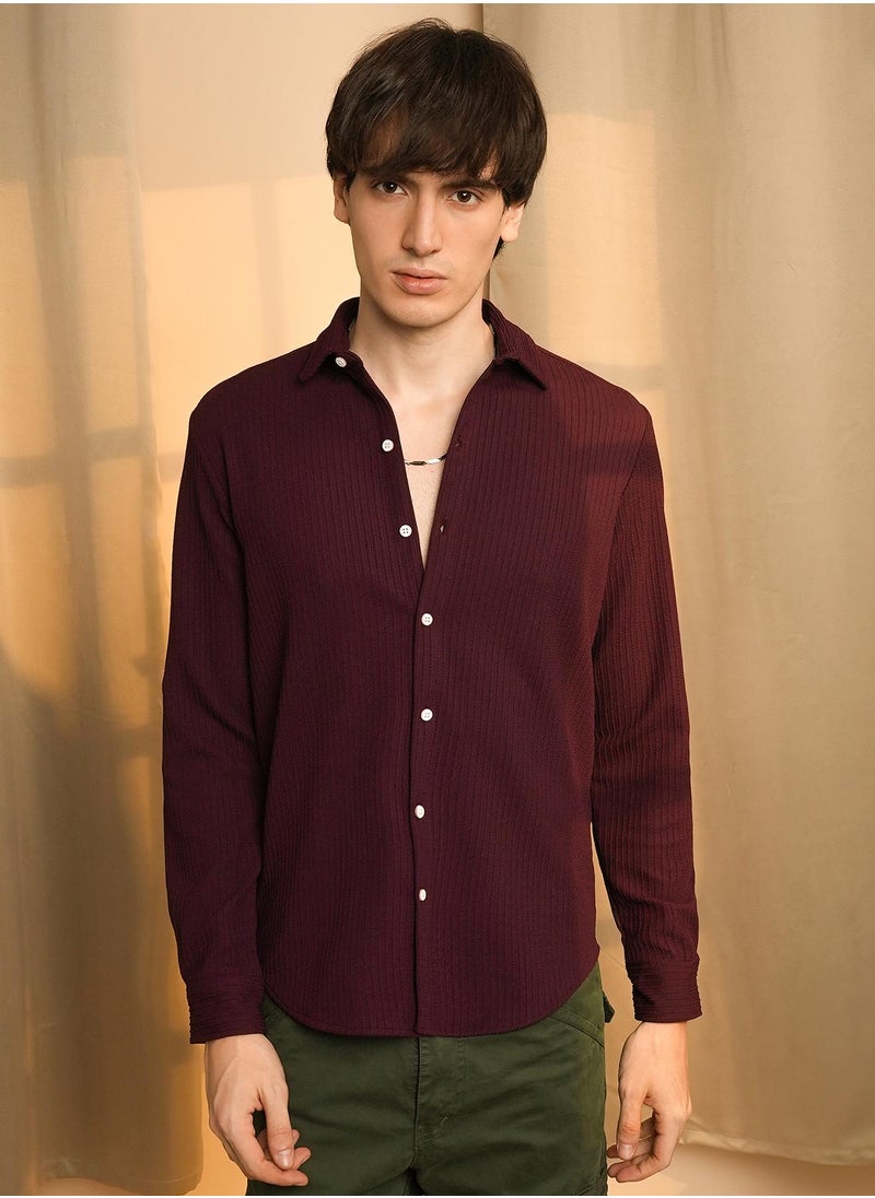 Campus Sutra Men's Maroon Red Stripe-Creased Shirt  - Image 2