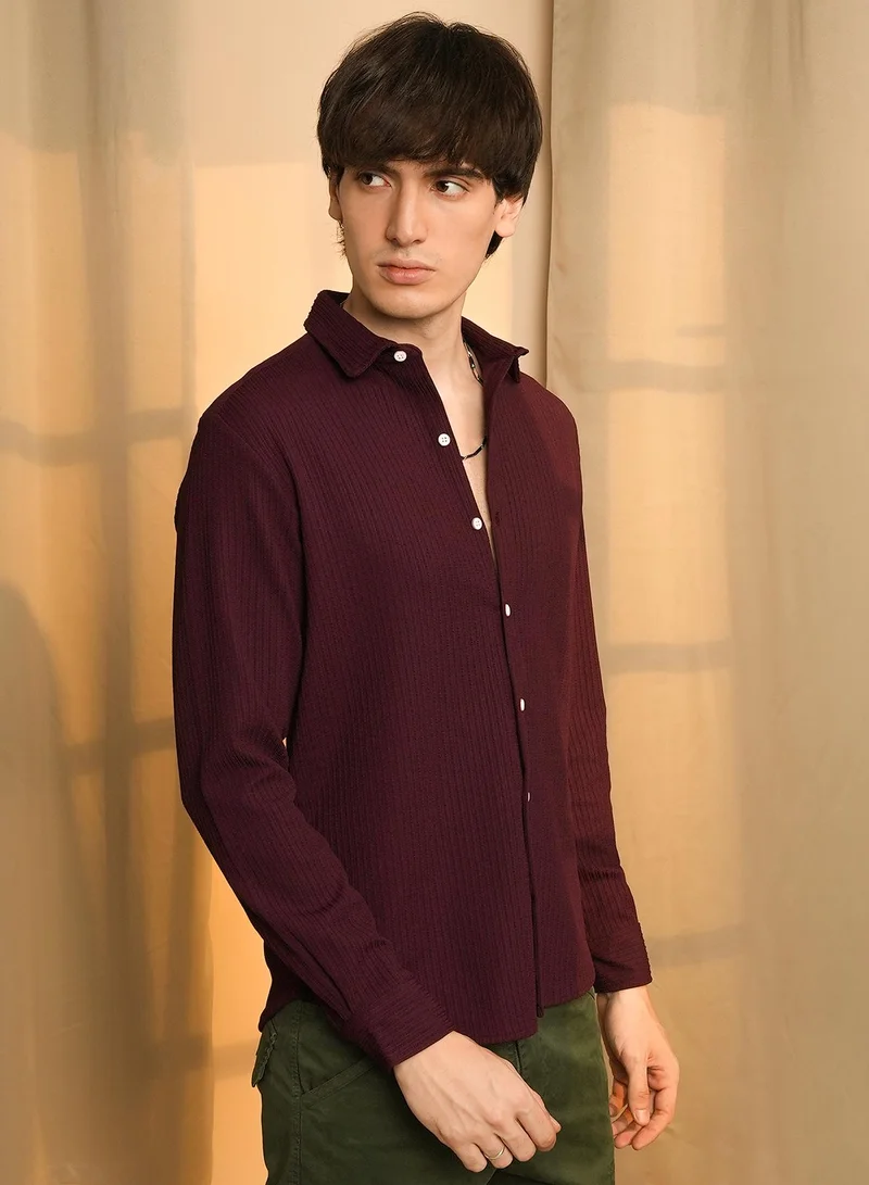 Campus Sutra Men's Maroon Red Stripe-Creased Shirt