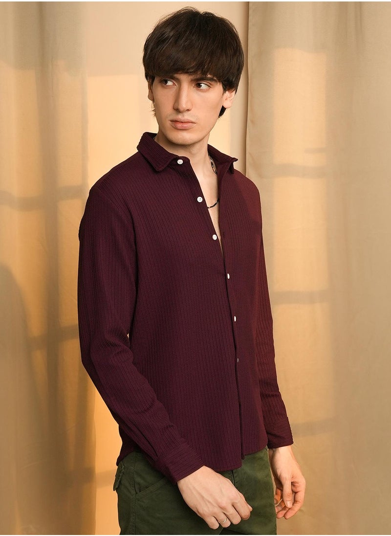 Campus Sutra Men's Maroon Red Stripe-Creased Shirt  - Image 3