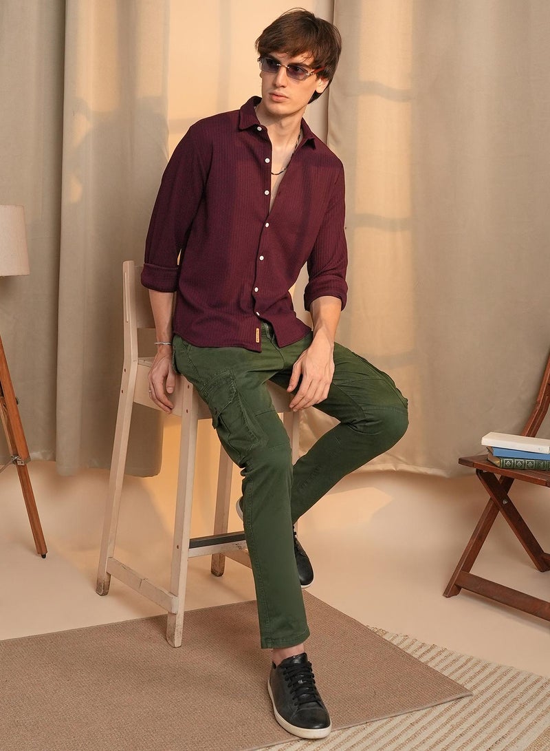 Men's Maroon Red Stripe-Creased Shirt
