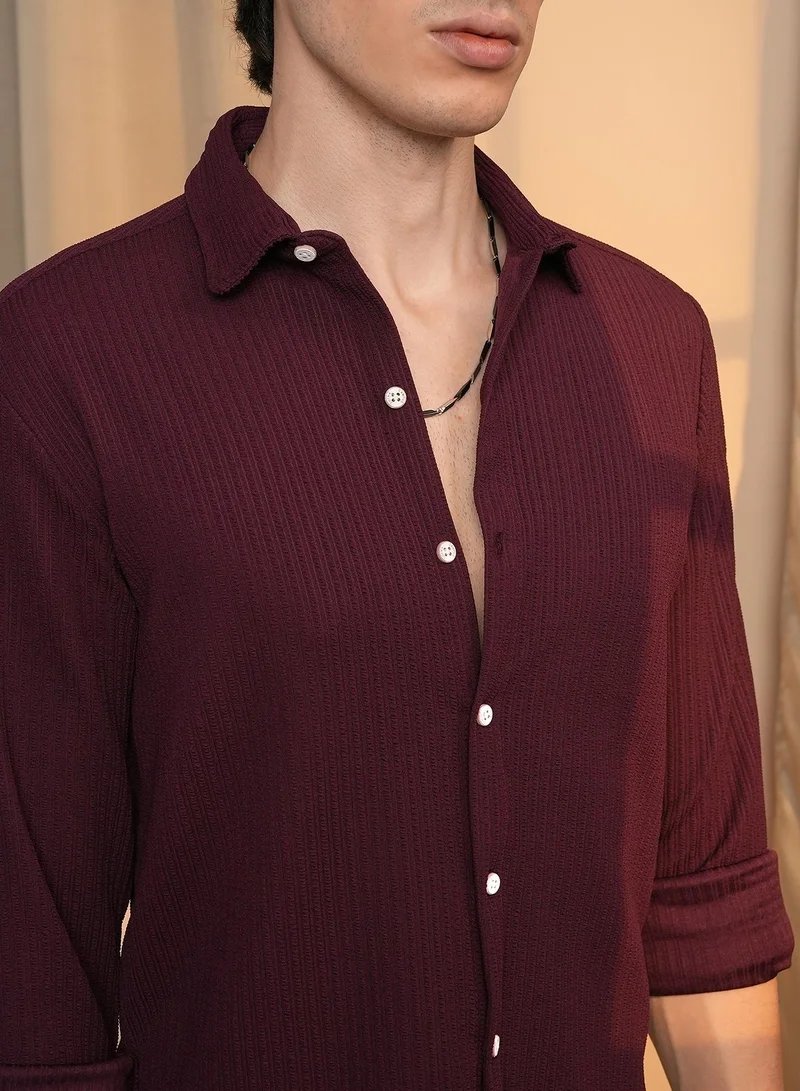 Campus Sutra Men's Maroon Red Stripe-Creased Shirt