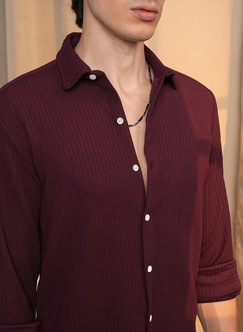 Men's Maroon Red Stripe-Creased Shirt