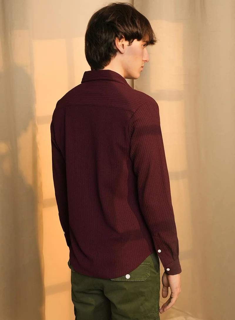 Campus Sutra Men's Maroon Red Stripe-Creased Shirt