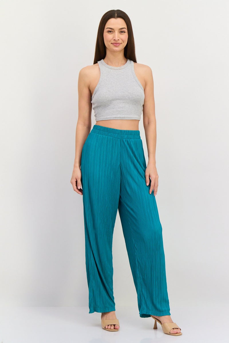 Tchibo Women Regular Fit Ribbed Straight Leg Pants, Green  - Image 3