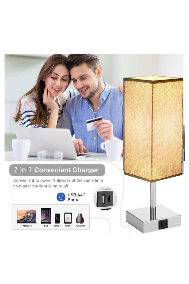 شاربدو منافذ USB A C شحن غطاء القماش مصباح الطاولة مع 3 درجات حرارة اللون لمبة LED ، التحكم باللمس عكس الضوء - Image 4