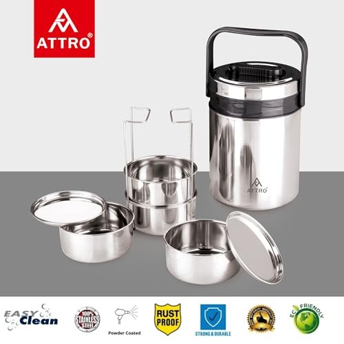 ATTRO Steel On 4 Insulated Tiffin Box 4 Stainless Steel Containers Easy Carry Handle, BPA-Free, Leakproof Office, School & Travel Grey, 1200 ml - Image 3