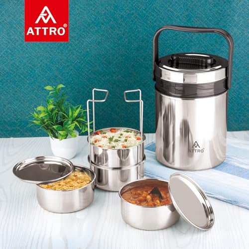 ATTRO Steel On 4 Insulated Tiffin Box 4 Stainless Steel Containers Easy Carry Handle, BPA-Free, Leakproof Office, School & Travel Grey, 1200 ml - Image 5