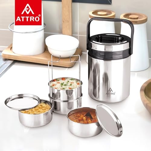 ATTRO Steel On 4 Insulated Tiffin Box 4 Stainless Steel Containers Easy Carry Handle, BPA-Free, Leakproof Office, School & Travel Grey, 1200 ml - Image 2