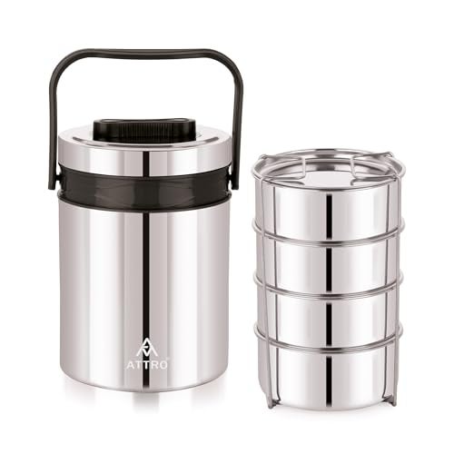 ATTRO Steel On 4 Insulated Tiffin Box 4 Stainless Steel Containers Easy Carry Handle, BPA-Free, Leakproof Office, School & Travel Grey, 1200 ml - Image 1