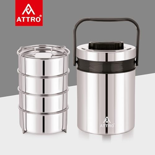 ATTRO Steel On 4 Insulated Tiffin Box 4 Stainless Steel Containers Easy Carry Handle, BPA-Free, Leakproof Office, School & Travel Grey, 1200 ml - Image 4