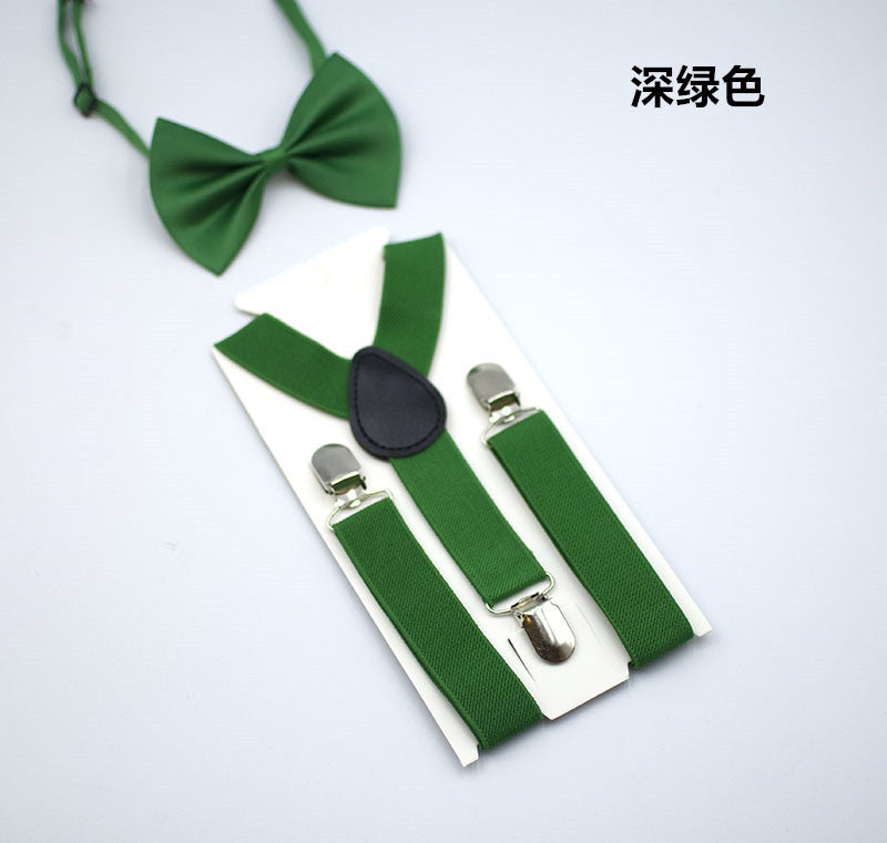Boys and Girls Universal Solid Color 3 Clip Y-Shaped Strap Bow Tie Set Childrens Suspender + Bow Tie Baby Two-Piece Set Dark green