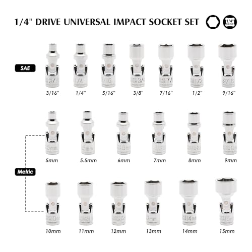 MIXPOWER 19-piece 1/4" Drive Universal Joint Socket Set, 6 Point, SAE & Metric, 5-15mm, 3/16"-9/16", Swivel Socket with Flexible Wobble, CR-V Impact Grade - Image 2
