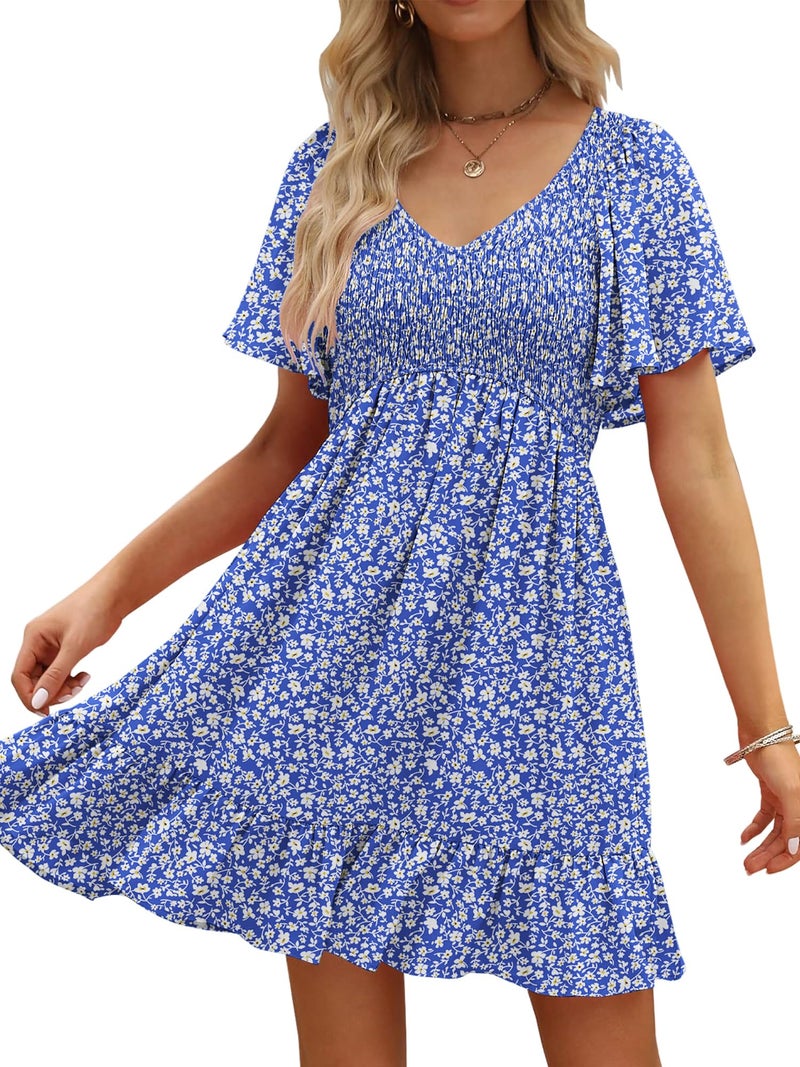 UEAL Summer Dresses for Women 2026 V Neck Smocked Sun Dresses for Women 2026 Vacation Large Blue Floral A - Image 1