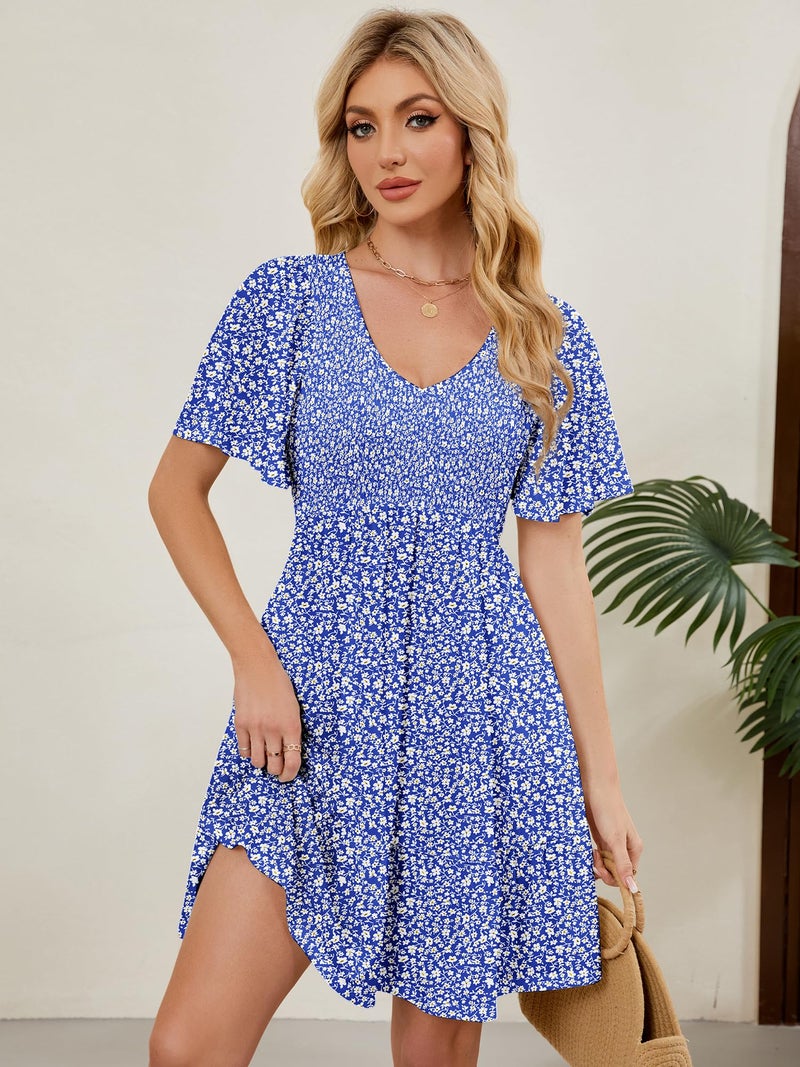 UEAL Summer Dresses for Women 2026 V Neck Smocked Sun Dresses for Women 2026 Vacation Large Blue Floral A - Image 3