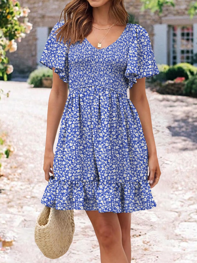 UEAL Summer Dresses for Women 2026 V Neck Smocked Sun Dresses for Women 2026 Vacation Large Blue Floral A - Image 2