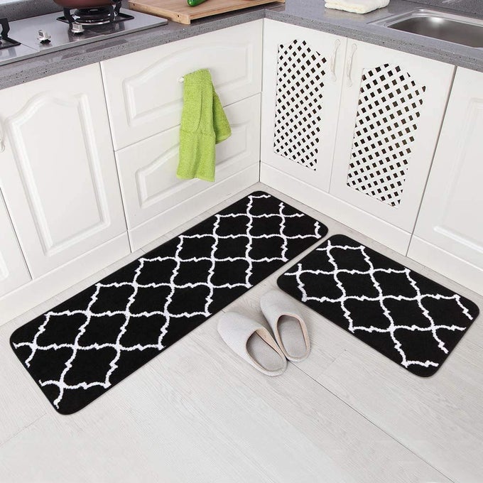 2 PIECE NONSLIP KITCHEN RUGS MACHINE WASHABLE MOROCCAN PATTERN DOORMAT KITCHEN FLOOR MAT BLACK