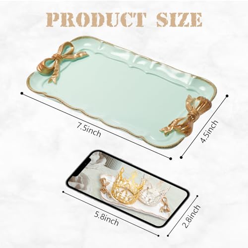 Warmtree Vintage Decorative Tray Jewelry Tray Towel Tray Storage Tray Rings Necklace Bracelets Earrings Trays Cosmetics Jewelry Organizer Retro Design Bow Decor Resin Plate Coquette Room Decor (Green) - Image 2