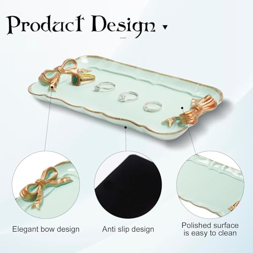 Warmtree Vintage Decorative Tray Jewelry Tray Towel Tray Storage Tray Rings Necklace Bracelets Earrings Trays Cosmetics Jewelry Organizer Retro Design Bow Decor Resin Plate Coquette Room Decor (Green) - Image 3