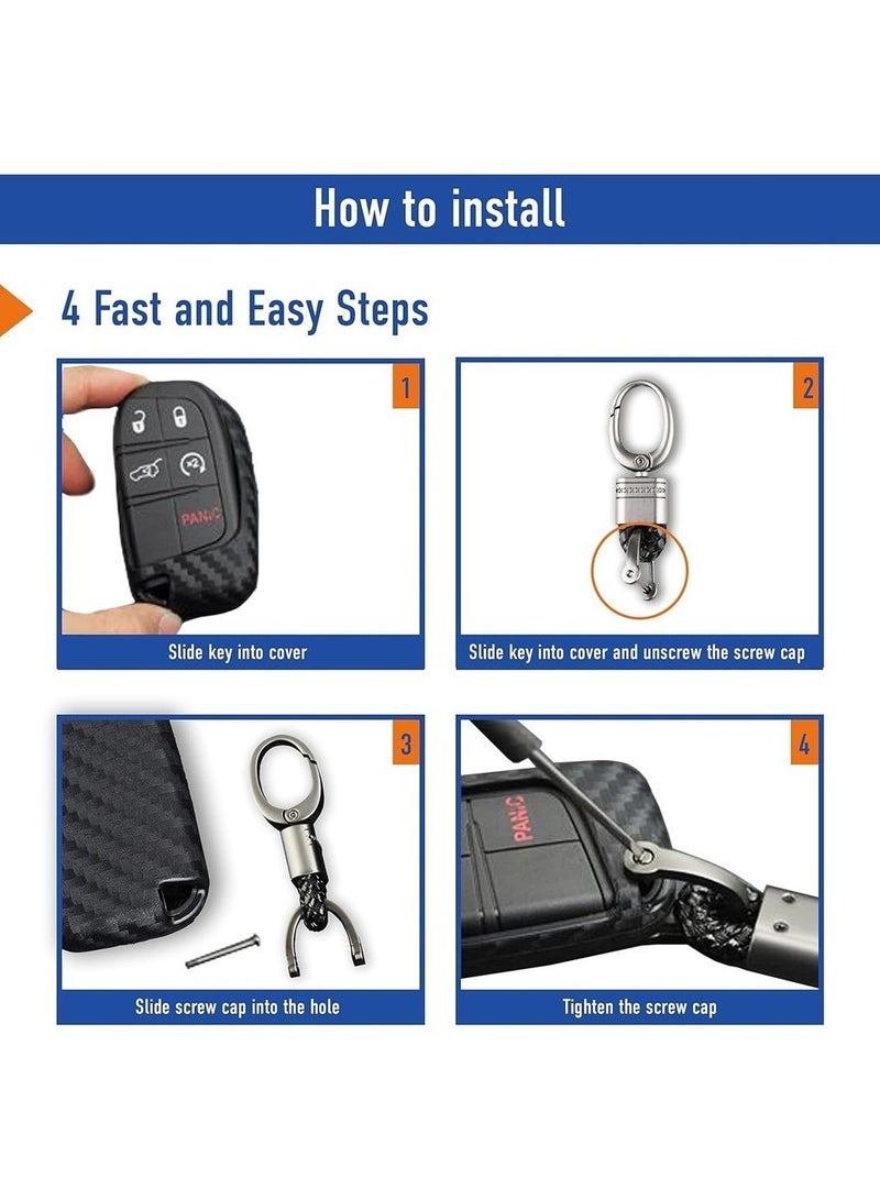 7Cylinder for Dodge Chrysler Rubber Key Fob Case Cover Shell with Keychain for Ram Grand Caravan Charger Challenger 300C - Carbon Fiber - Image 3