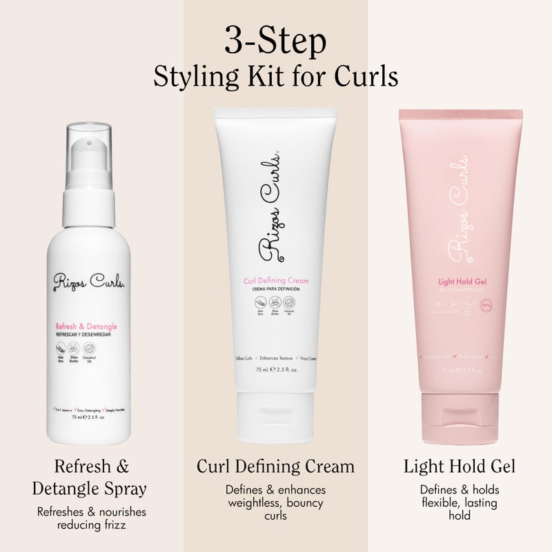 Rizos Curls مجموعة تصفيف ريزوس كيرلز 3 خطوات - تحديد، تصفيف، تثبيت مع كريم تحديد التجاعيد، جل تثبيت خفيف ورذاذ انتعاش - يعزز اللمعان، الرطوبة والتحكم في التجاعيد لجميع أنواع التجاعيد 2c-4c - خالية من الكبريتات والبارابين - Image 2
