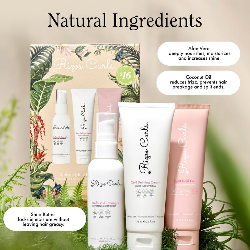 Rizos Curls مجموعة تصفيف ريزوس كيرلز 3 خطوات - تحديد، تصفيف، تثبيت مع كريم تحديد التجاعيد، جل تثبيت خفيف ورذاذ انتعاش - يعزز اللمعان، الرطوبة والتحكم في التجاعيد لجميع أنواع التجاعيد 2c-4c - خالية من الكبريتات والبارابين - Image 3