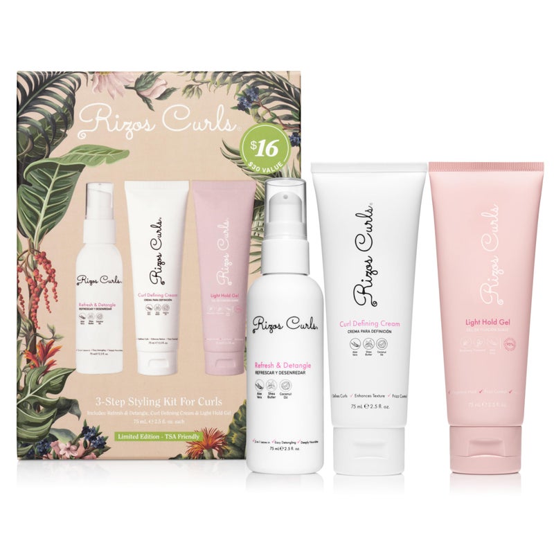 Rizos Curls مجموعة تصفيف ريزوس كيرلز 3 خطوات - تحديد، تصفيف، تثبيت مع كريم تحديد التجاعيد، جل تثبيت خفيف ورذاذ انتعاش - يعزز اللمعان، الرطوبة والتحكم في التجاعيد لجميع أنواع التجاعيد 2c-4c - خالية من الكبريتات والبارابين - Image 1