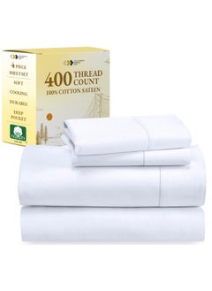 California Design Den California Design Den 100% Cotton Bed Sheets King Size Set - 400 Thread Count Sateen, Deep Pocket King Sheet Set, King Sheets, Cooling King Size Sheets Set, Softer Than Egyptian Cotton Sheets (White)  - Image 1