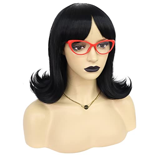 ANOGOL Hair Cap Linda Wig with Red Glasses Black Flip Bob Wigs for Women Shoulder Length Hair with Flipped Ends 60s Outfit 70s Wig Synthetic Retro Wigs Halloween Cosplay Costume Party - Image 3