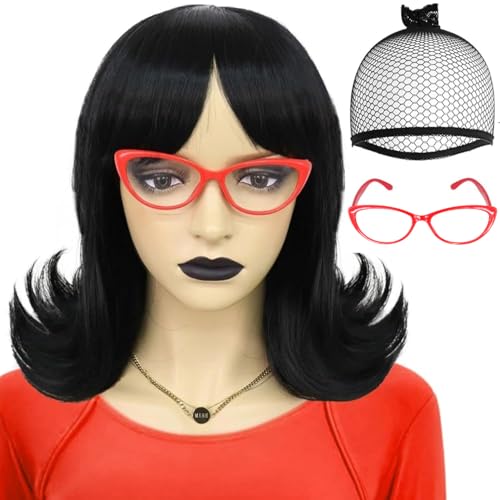 ANOGOL Hair Cap Linda Wig with Red Glasses Black Flip Bob Wigs for Women Shoulder Length Hair with Flipped Ends 60s Outfit 70s Wig Synthetic Retro Wigs Halloween Cosplay Costume Party - Image 1
