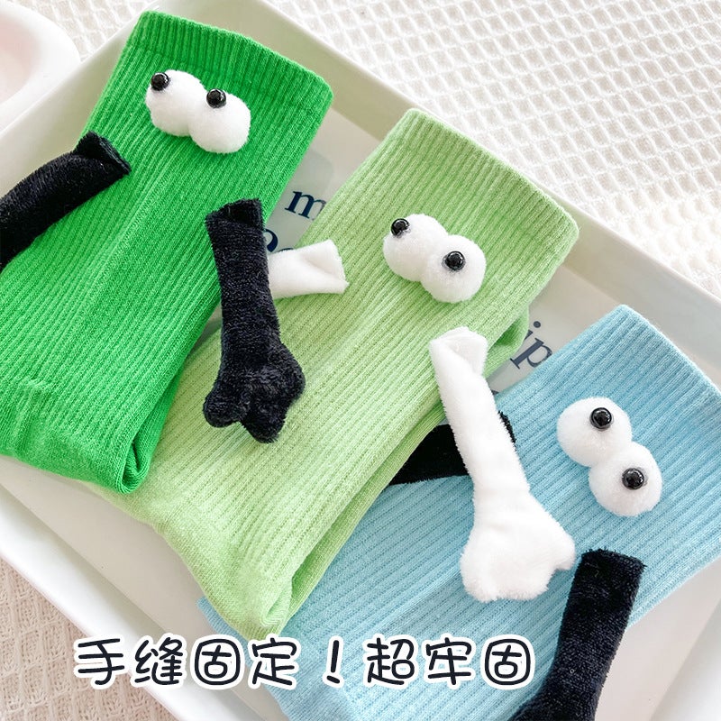Dopamine Couple Magnetic Hand-Holding Socks Autumn Pink Mid-Calf Length Socks Sports Outer Wear Cute White Pile Socks - Image 3