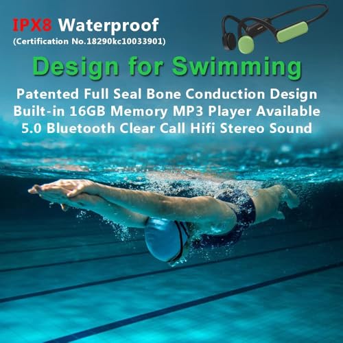 IHAO Swimming Headphones True Bone Conduction Open Ear Headset MP3 Player Built-in 16G Memory IP68 Underwater Waterproof Stereo Bluetooth Earphone for Driving Bicycling Running Skiing-Green - Image 2