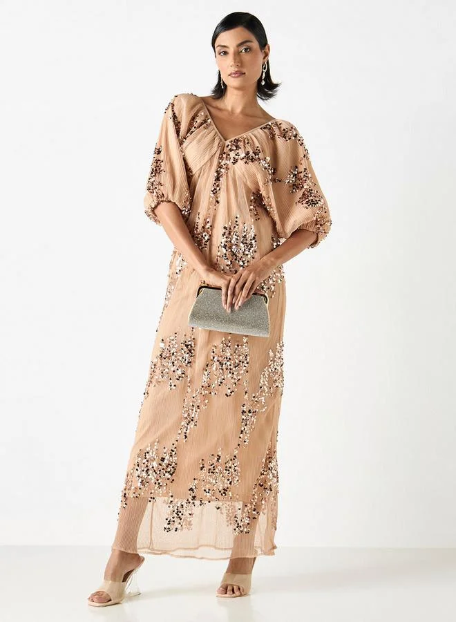 2Xtremz 2Xtremz Sequin Embellished Textured Maxi Dress with V-neck and Volume Sleeves