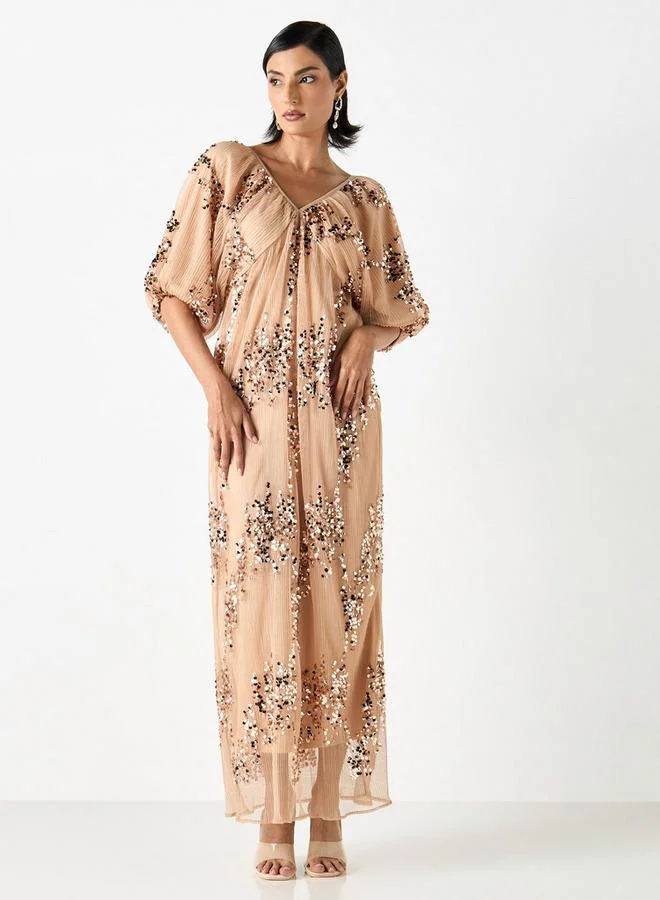 2Xtremz 2Xtremz Sequin Embellished Textured Maxi Dress with V-neck and Volume Sleeves