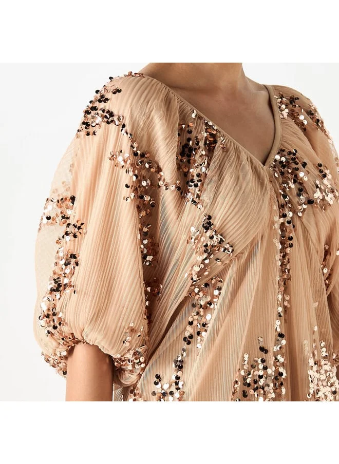 2Xtremz 2Xtremz Sequin Embellished Textured Maxi Dress with V-neck and Volume Sleeves
