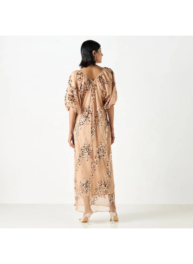 2Xtremz 2Xtremz Sequin Embellished Textured Maxi Dress with V-neck and Volume Sleeves