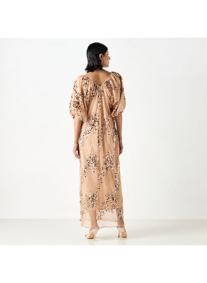 2Xtremz 2Xtremz Sequin Embellished Textured Maxi Dress with V-neck and Volume Sleeves  - Image 3